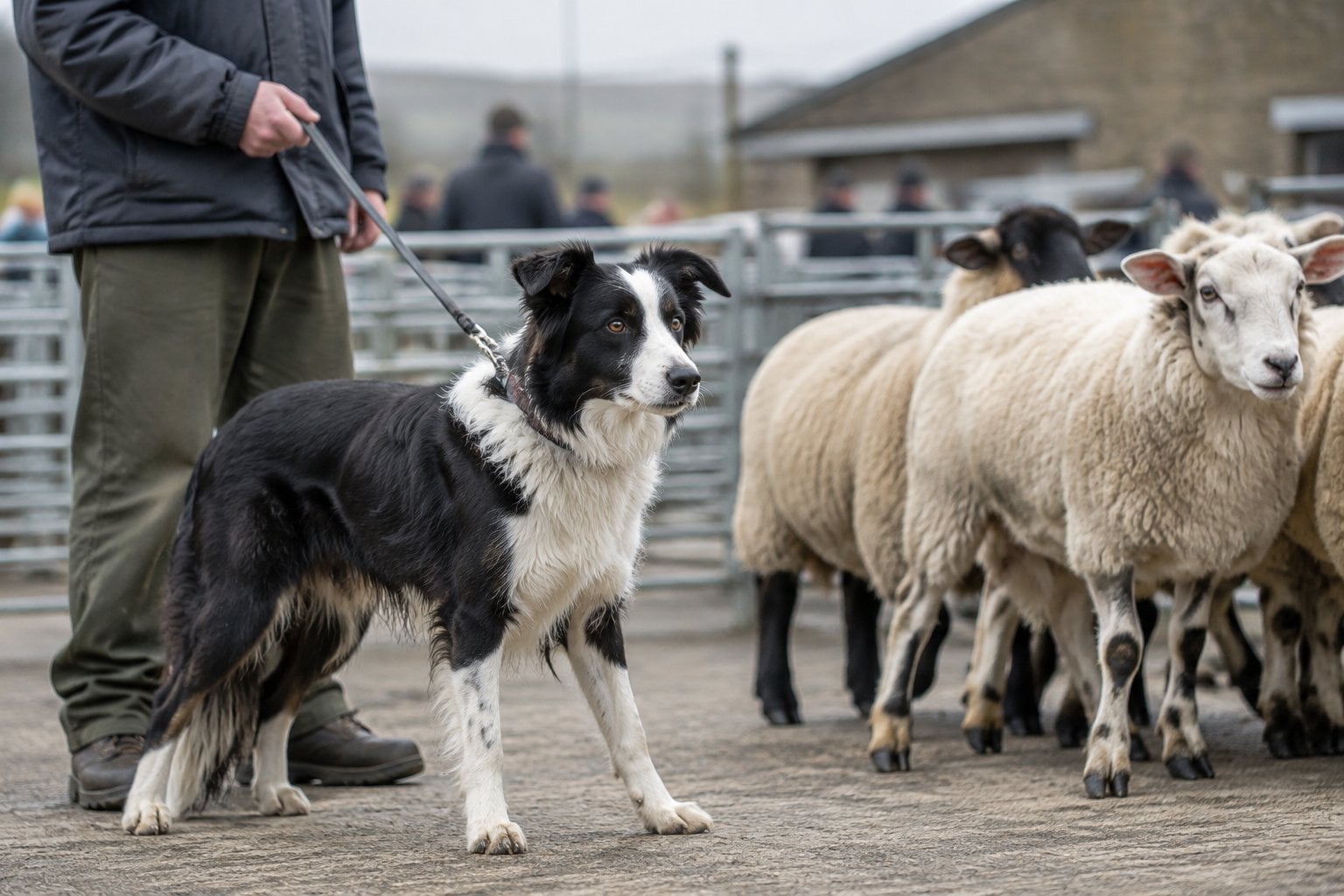 A Border Collie stands beside a flock of sheep in a livestock yard.