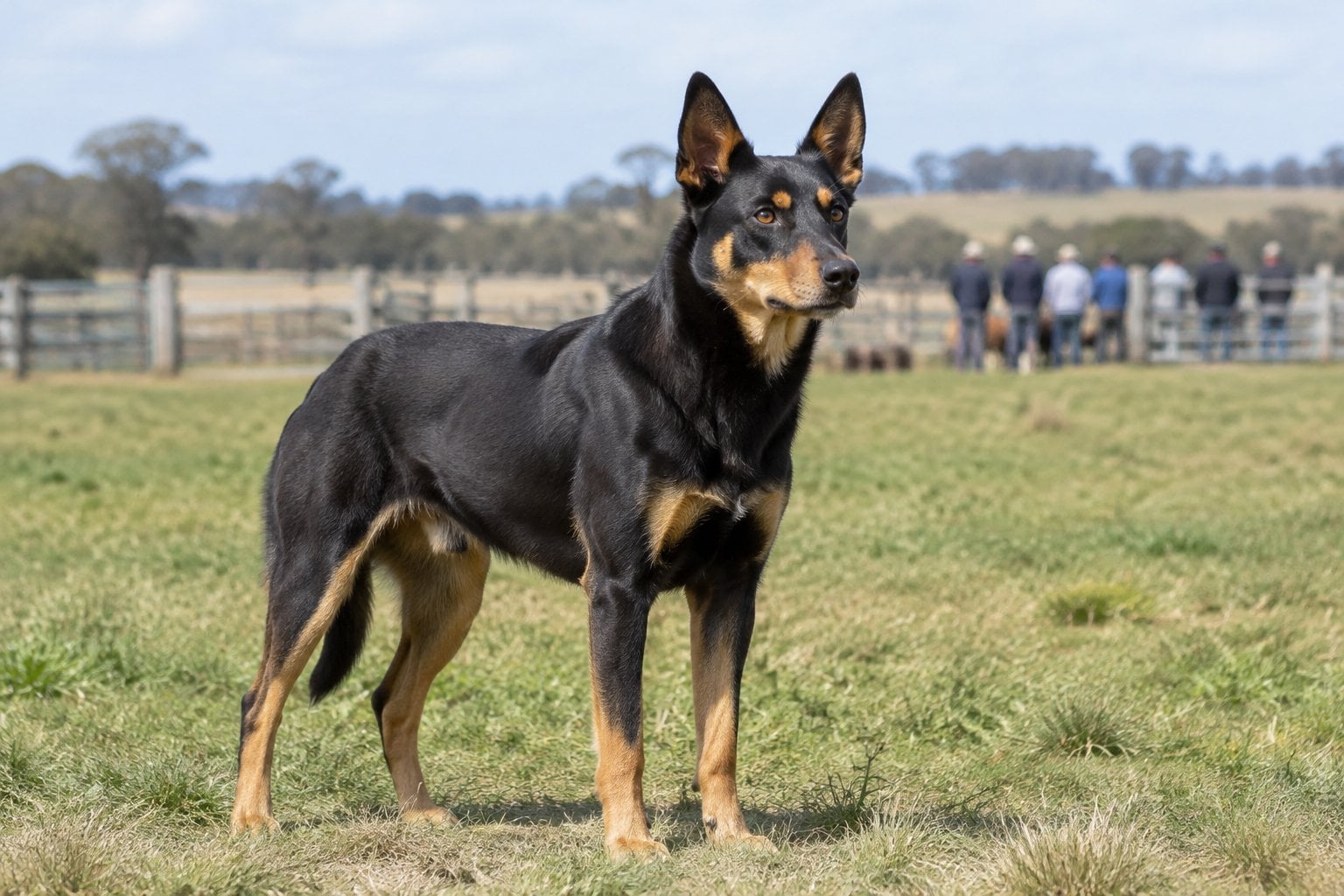 A black-and-tan kelpie stands alert in a grassy paddock near a rural sale yard.