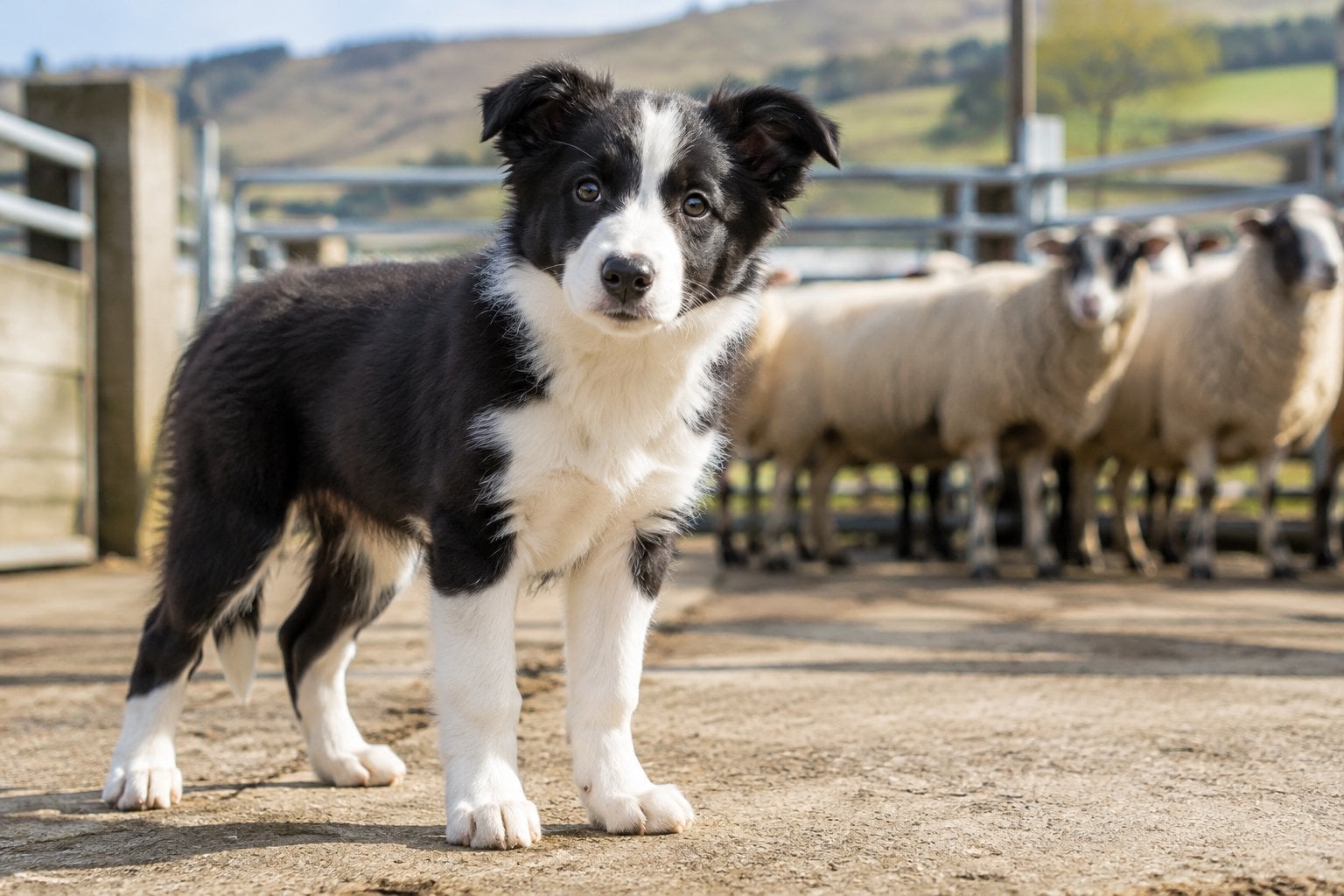 A black-and-white sheepdog puppy stands in a rural yard with sheep behind it.