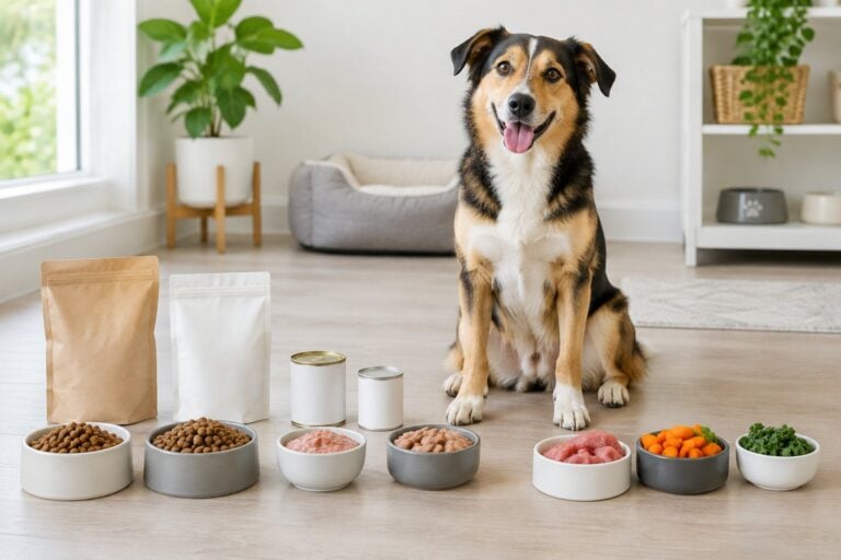 An attentive dog sits beside bowls of kibble and wet food.