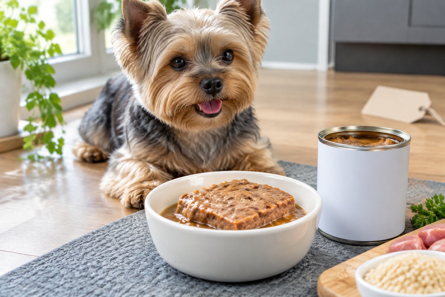 A small dog sits beside a bowl of wet food.