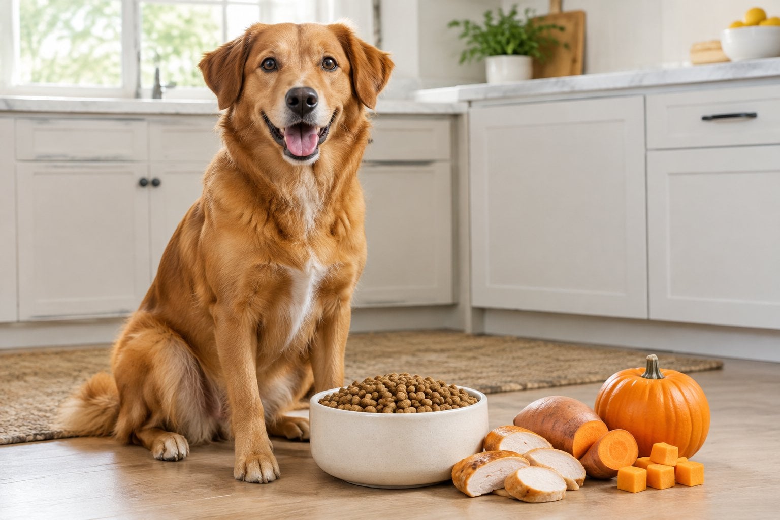 A golden-brown dog sits beside a bowl of kibble with chicken, sweet potato, and pumpkin nearby.