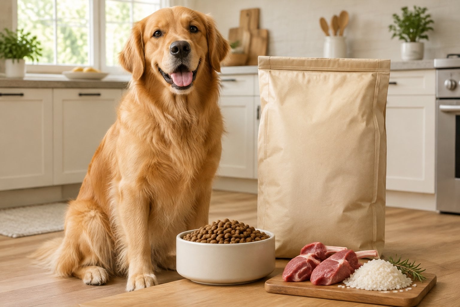 A golden retriever sits beside a bowl of kibble with lamb and rice nearby.