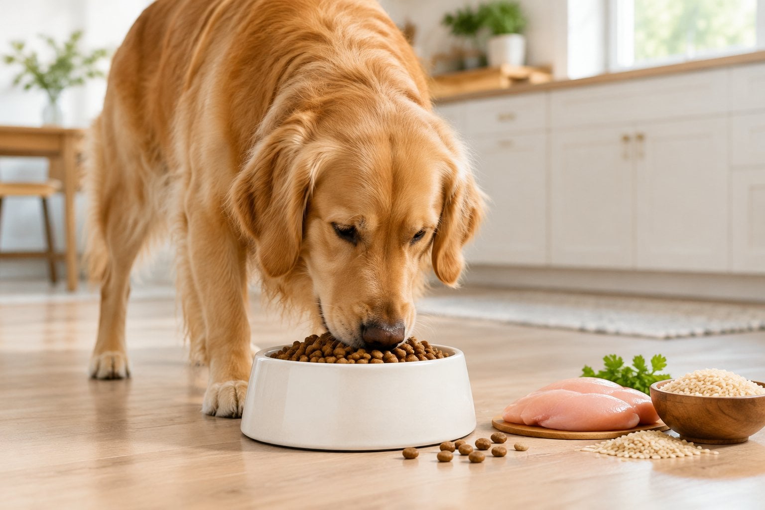 A happy adult dog eating kibble from a bowl beside chicken and brown rice.