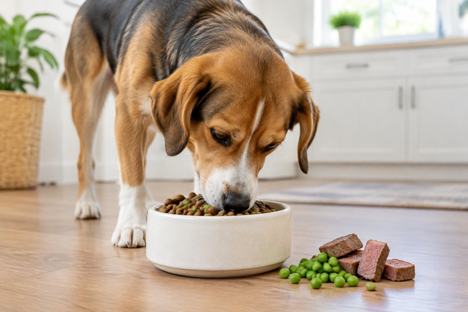 A dog eating kibble from a bowl with peas and beef nearby.