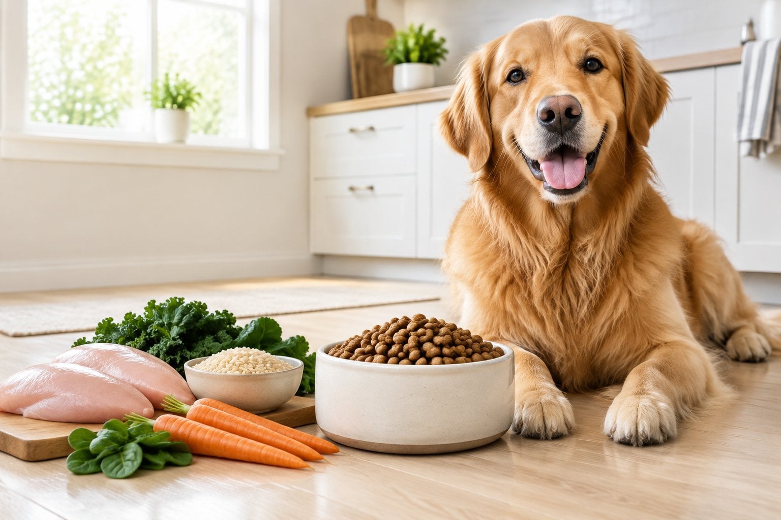 An adult dog sits beside a bowl of kibble with chicken, brown rice, carrots, and greens.