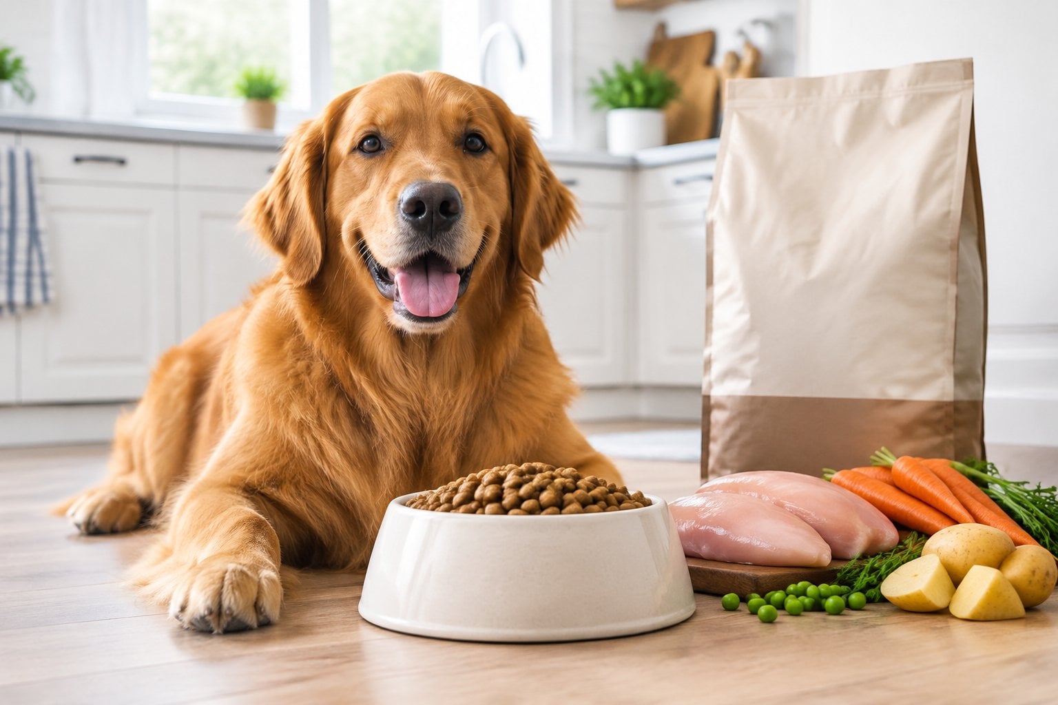 A dog sits beside a bowl of kibble with chicken, carrots, peas, and potatoes nearby.