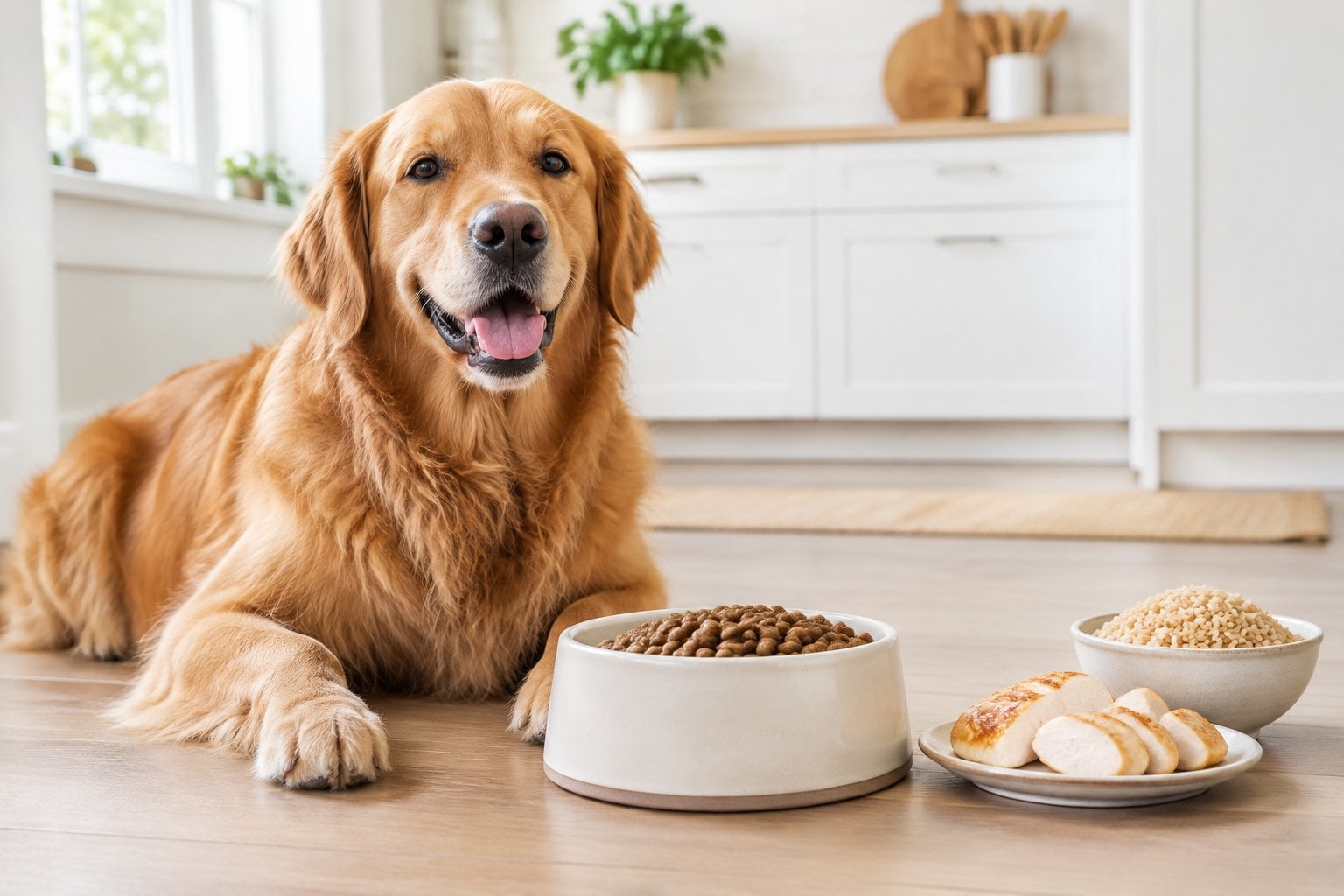 An adult dog sits beside a bowl of kibble, cooked chicken, and brown rice.
