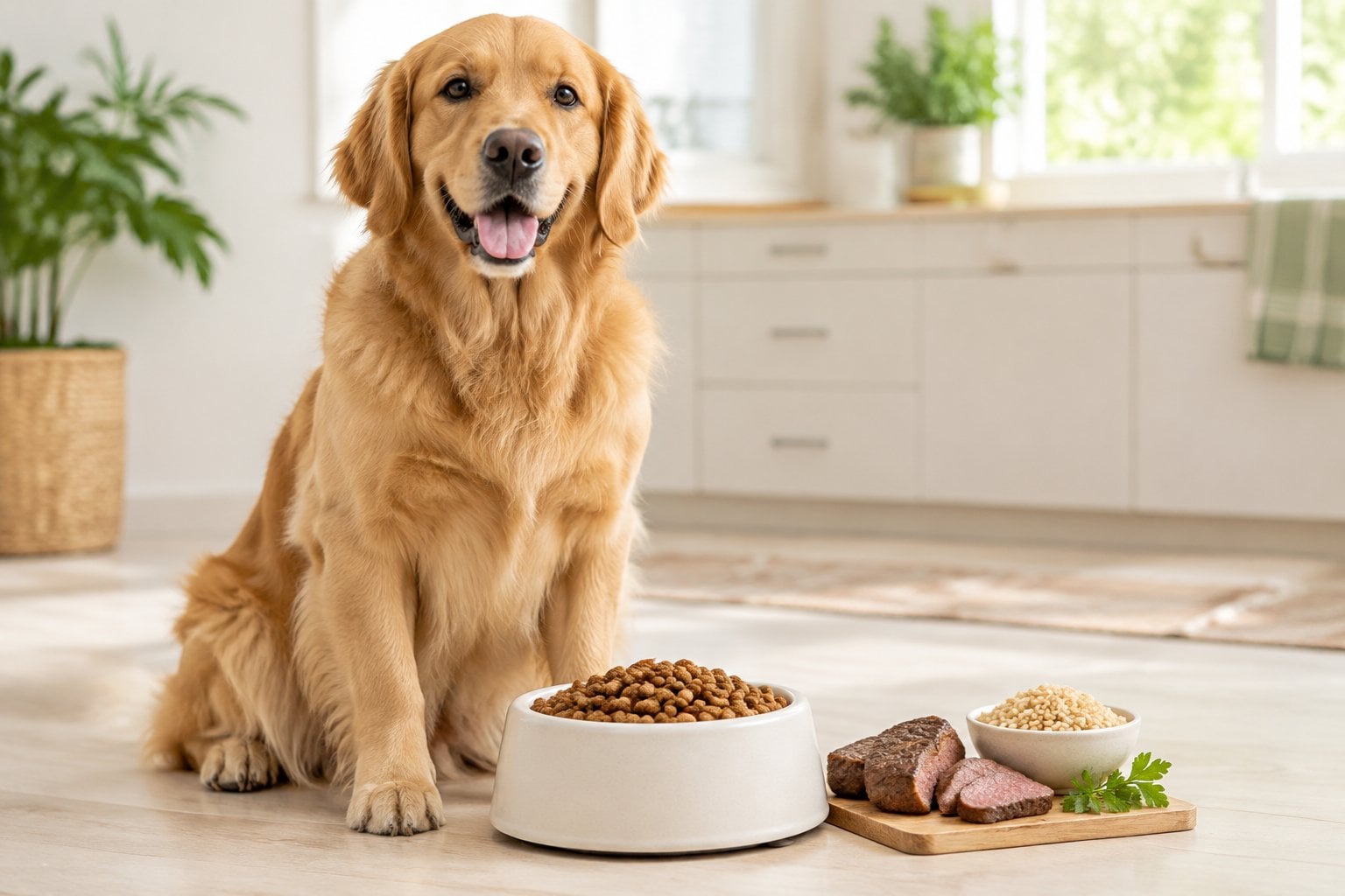 A dog sits beside a bowl of kibble with beef and brown rice nearby.
