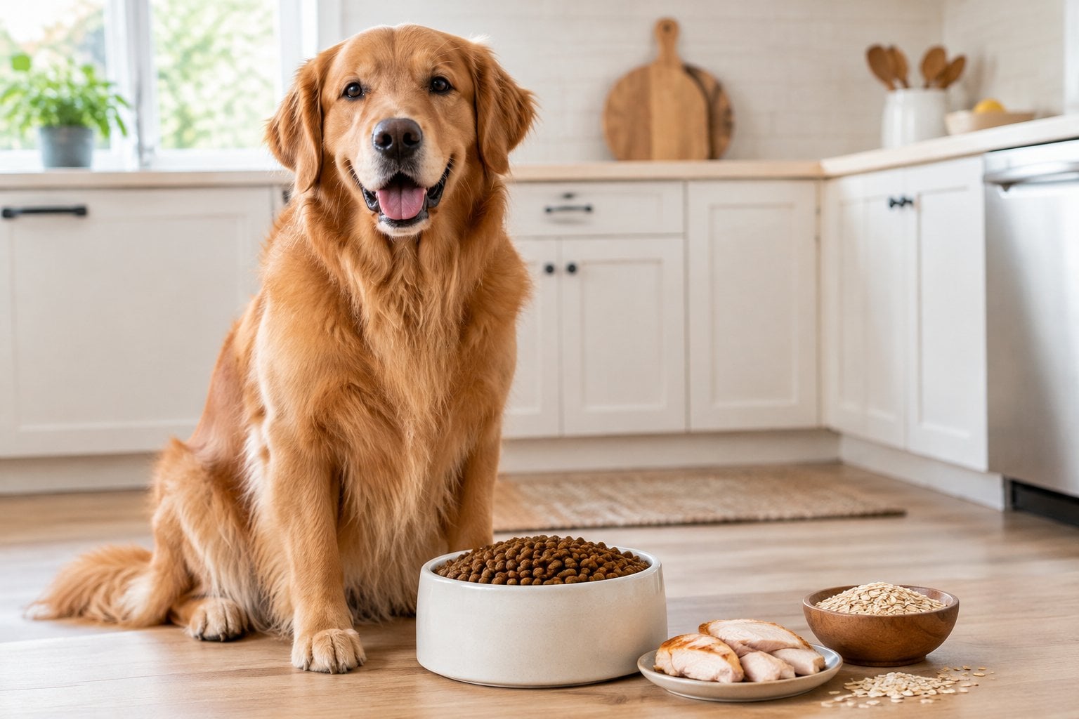 A dog sits beside a bowl of kibble with chicken and oats nearby.