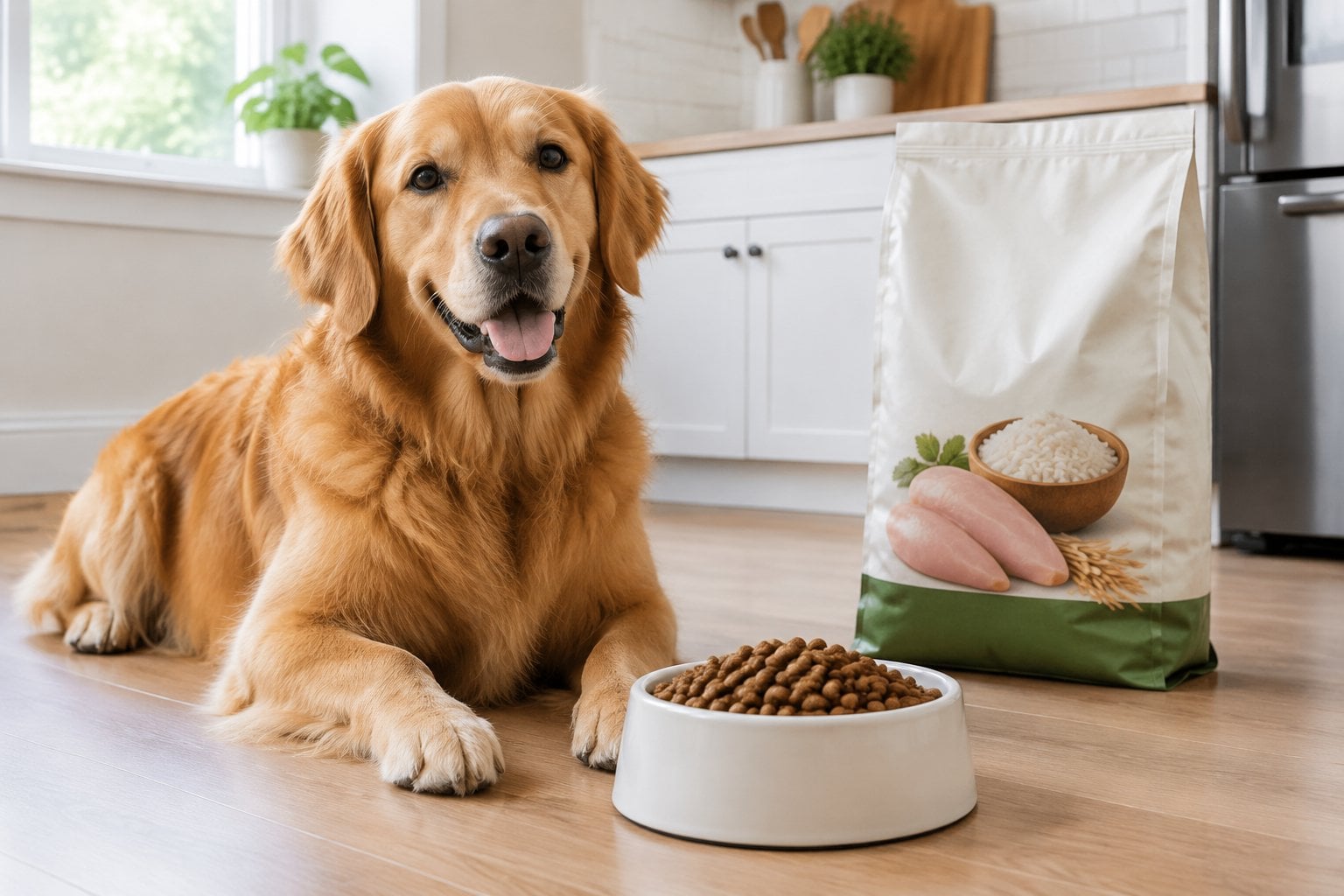 A dog sits beside a bowl of kibble with a bag of dog food in the background.