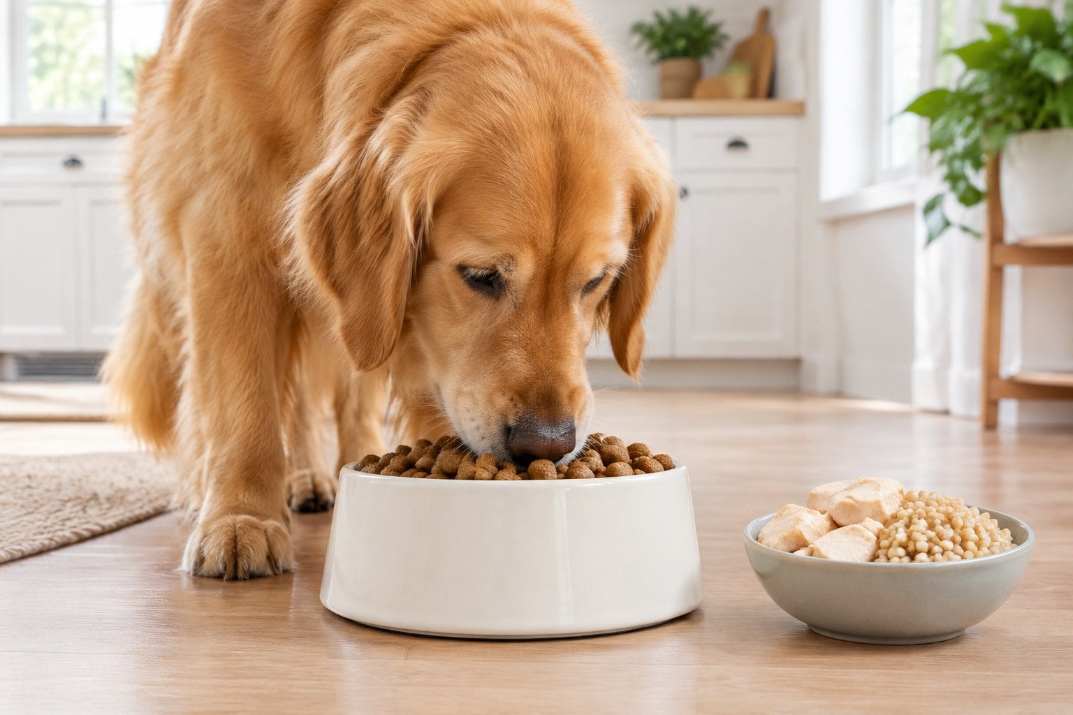 An adult dog eating kibble from a bowl beside chicken and barley.