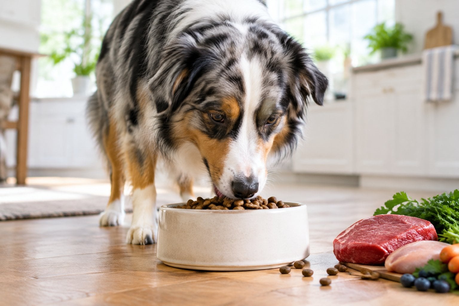 A dog eating dry kibble from a bowl in a bright kitchen.