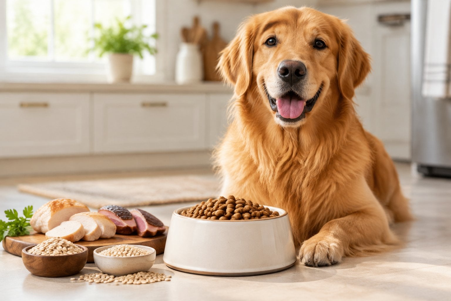 A golden retriever sits beside a bowl of dry dog food with chicken, duck, and grains nearby.