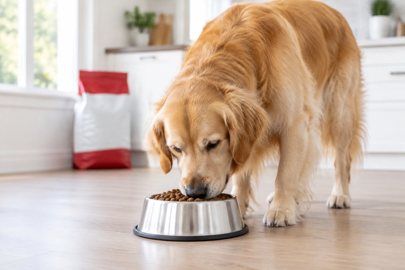 A golden retriever eating kibble from a bowl in a bright kitchen.