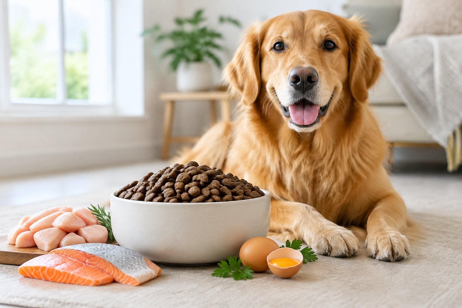 An attentive dog sits beside a bowl of kibble with fresh ingredients nearby.