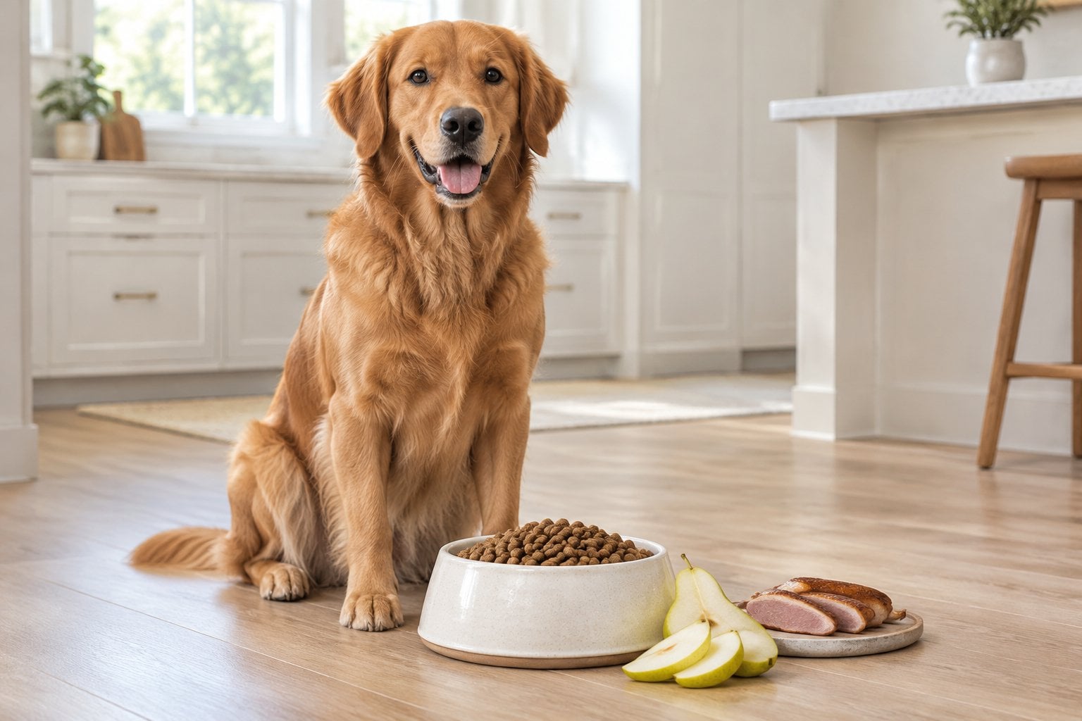 A dog sits beside a bowl of kibble with pear slices and cooked duck nearby.