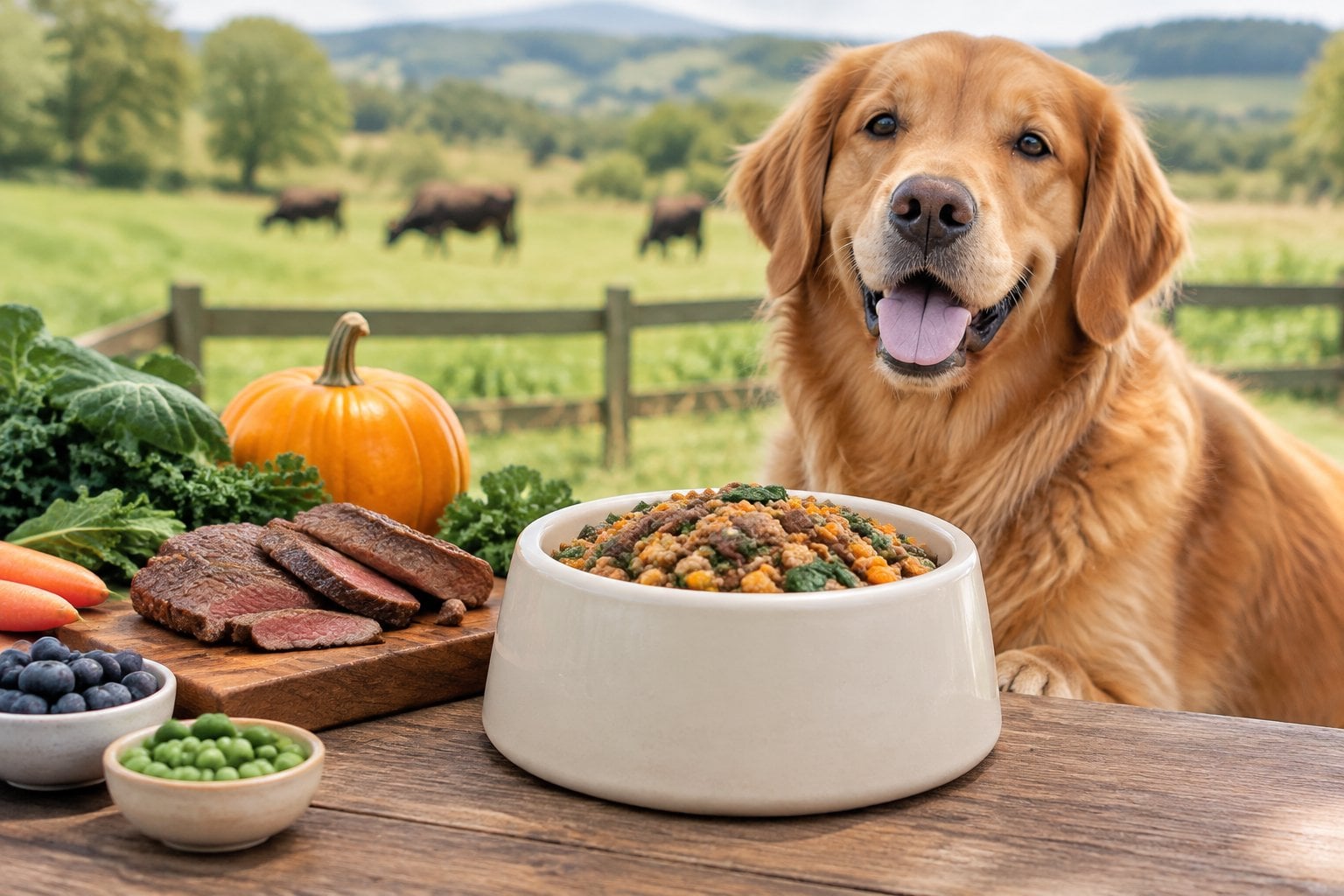 A dog sits beside a bowl of beef dog food with fresh ingredients nearby.