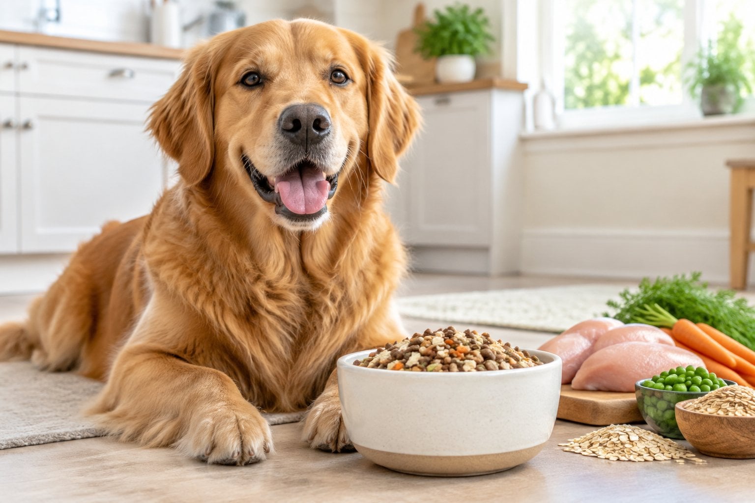 A dog sits beside a bowl of chicken-and-grain food with wholesome ingredients nearby.