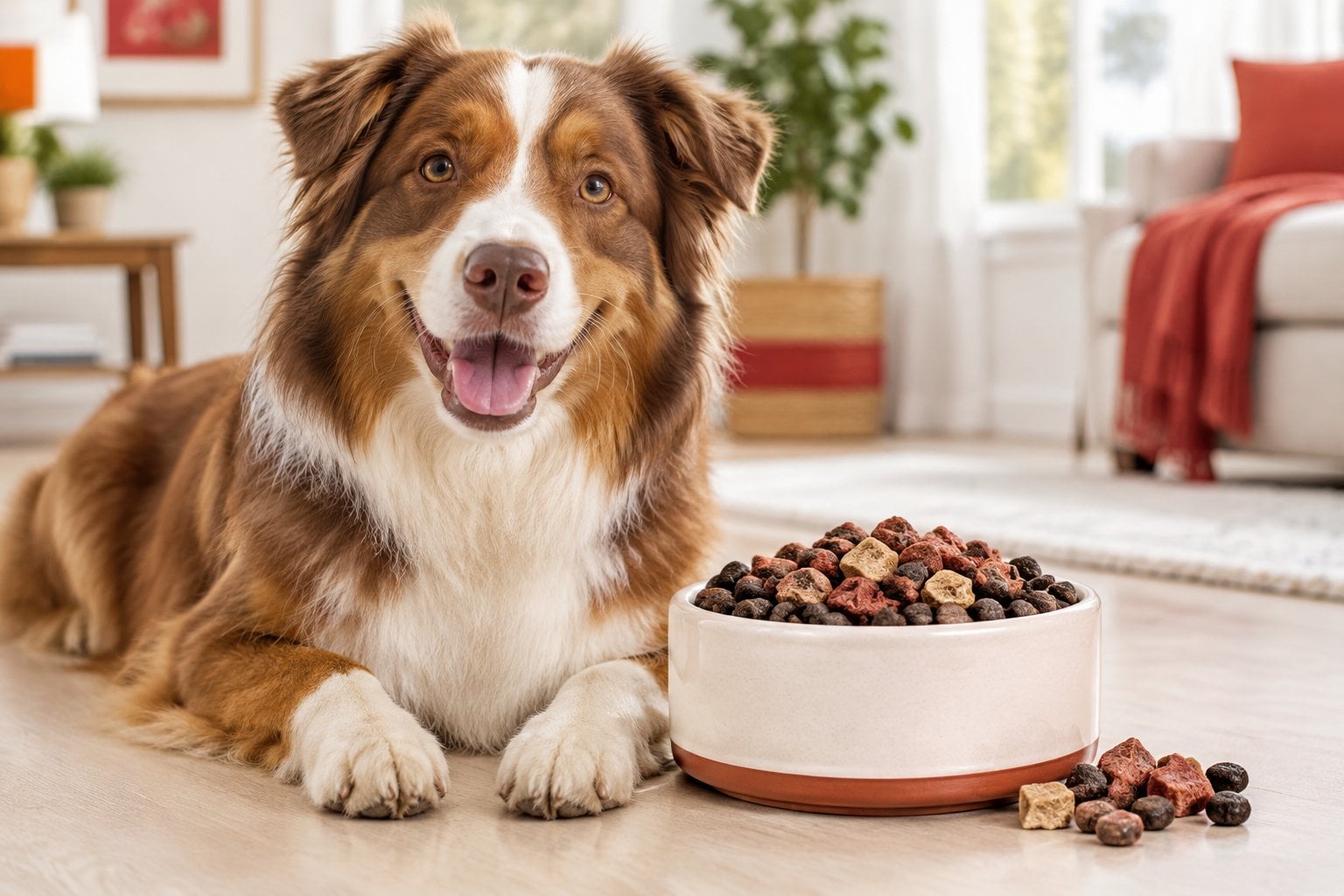A happy dog sits beside a bowl of kibble mixed with freeze-dried raw food pieces.