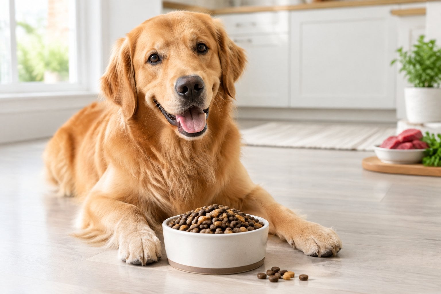 A dog eating kibble from a bowl in a bright home.