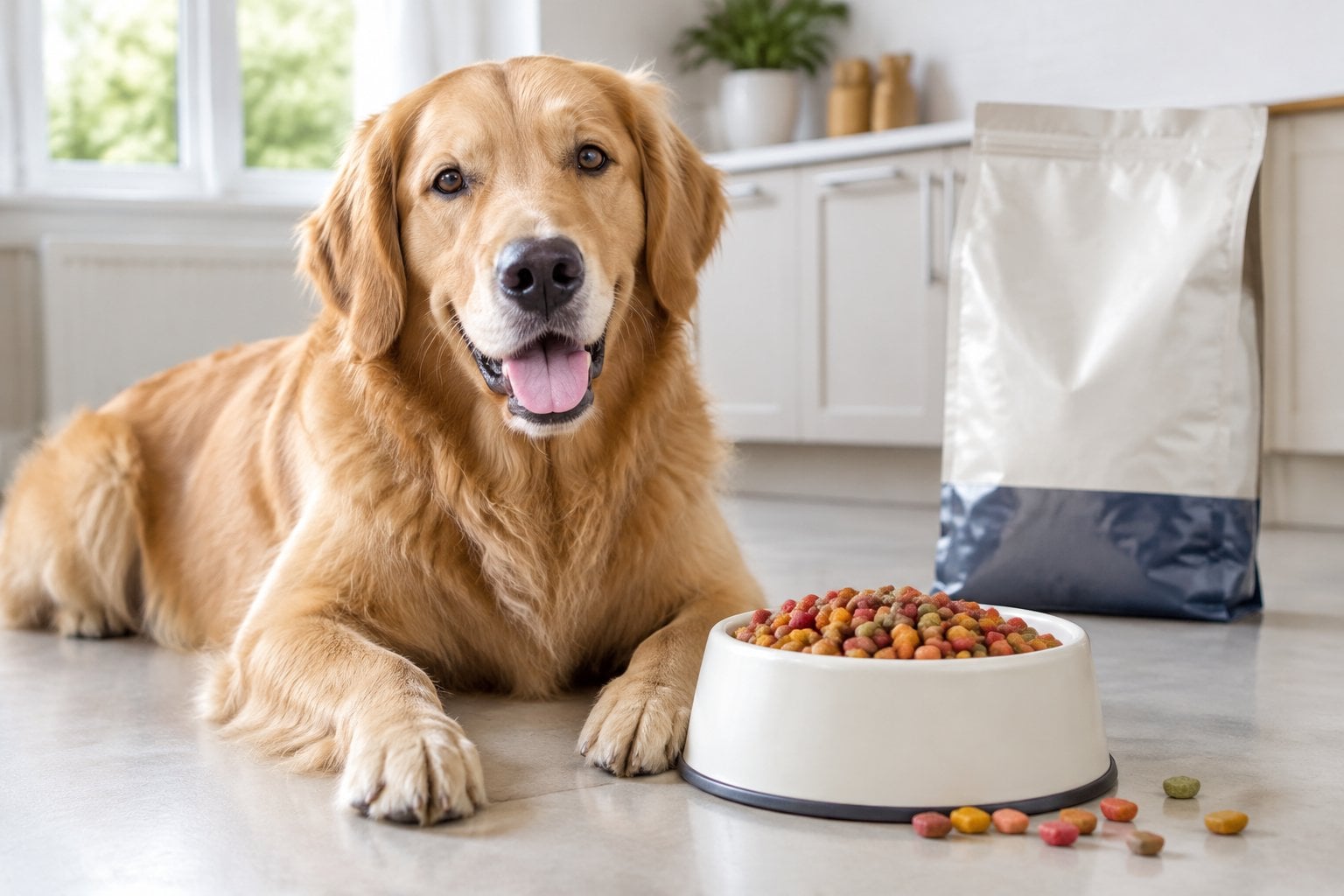A dog sits beside a bowl of colorful kibble.