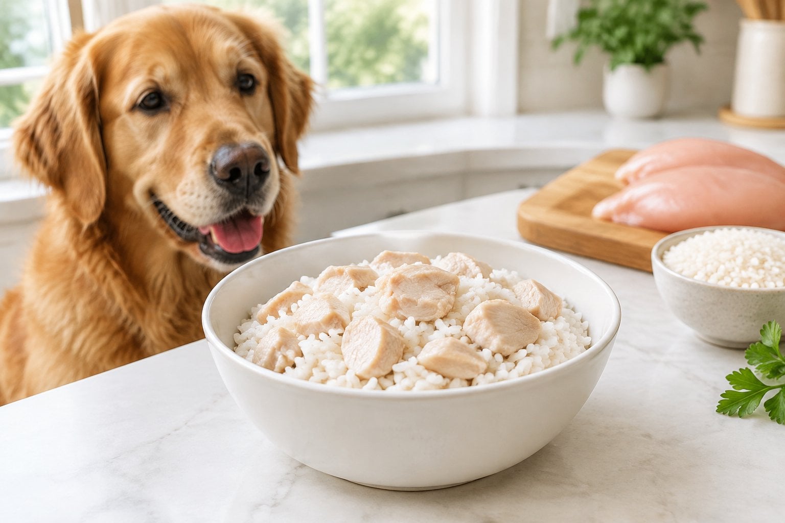 A dog sits beside a bowl of cooked chicken and white rice.