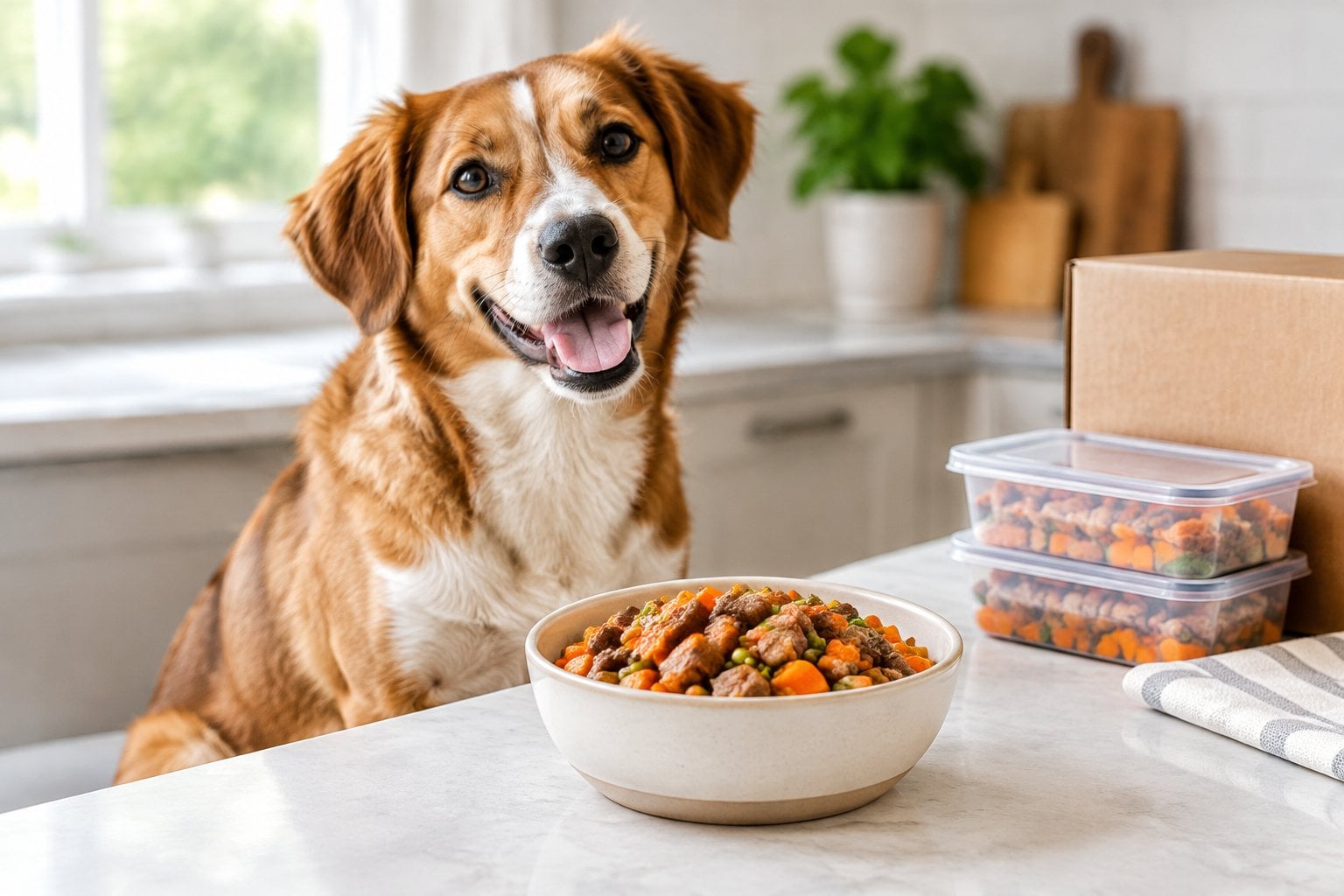 A dog sits beside a bowl of fresh beef and sweet potato food.
