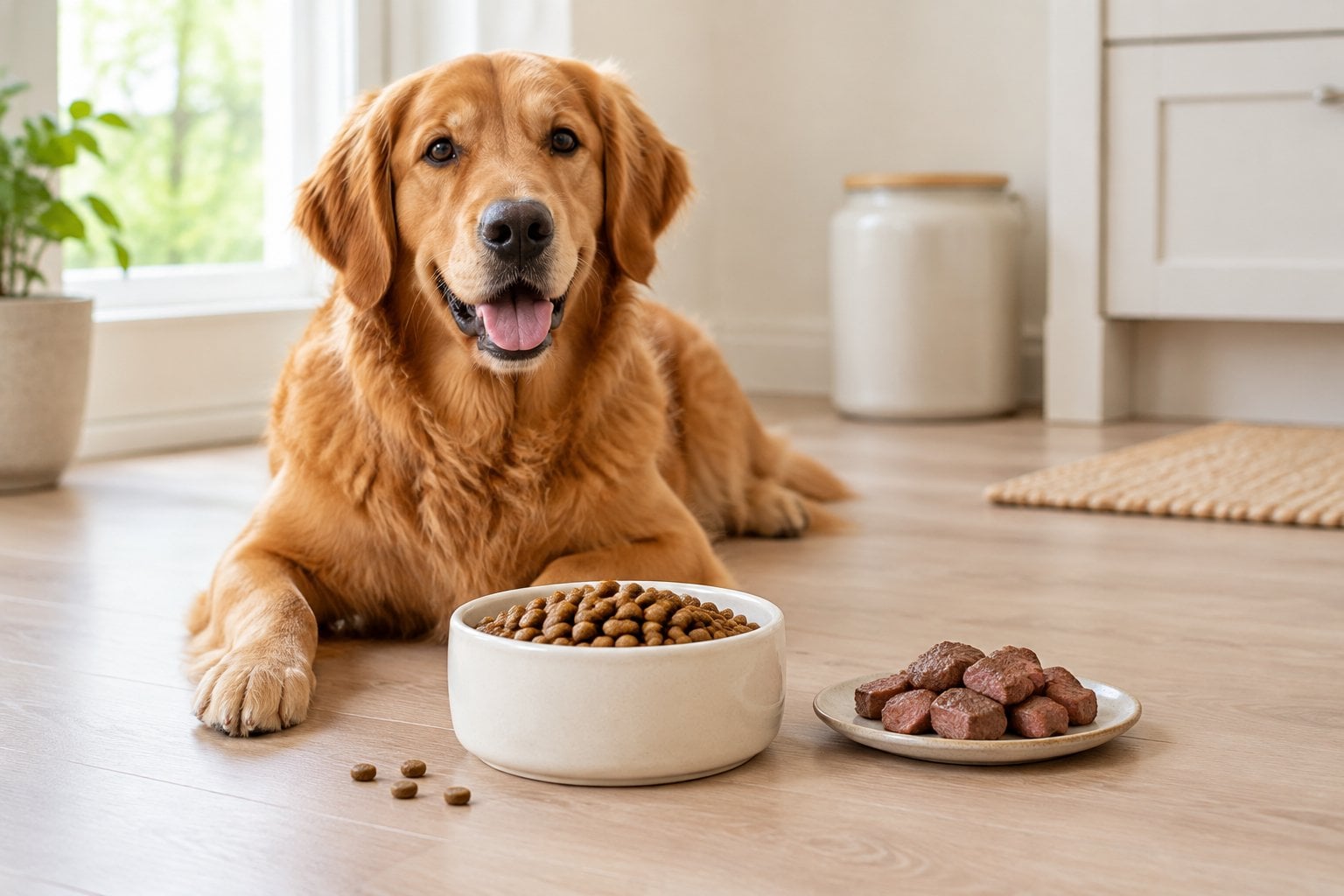 A dog sits beside a bowl of dry kibble with a small portion of beef nearby.