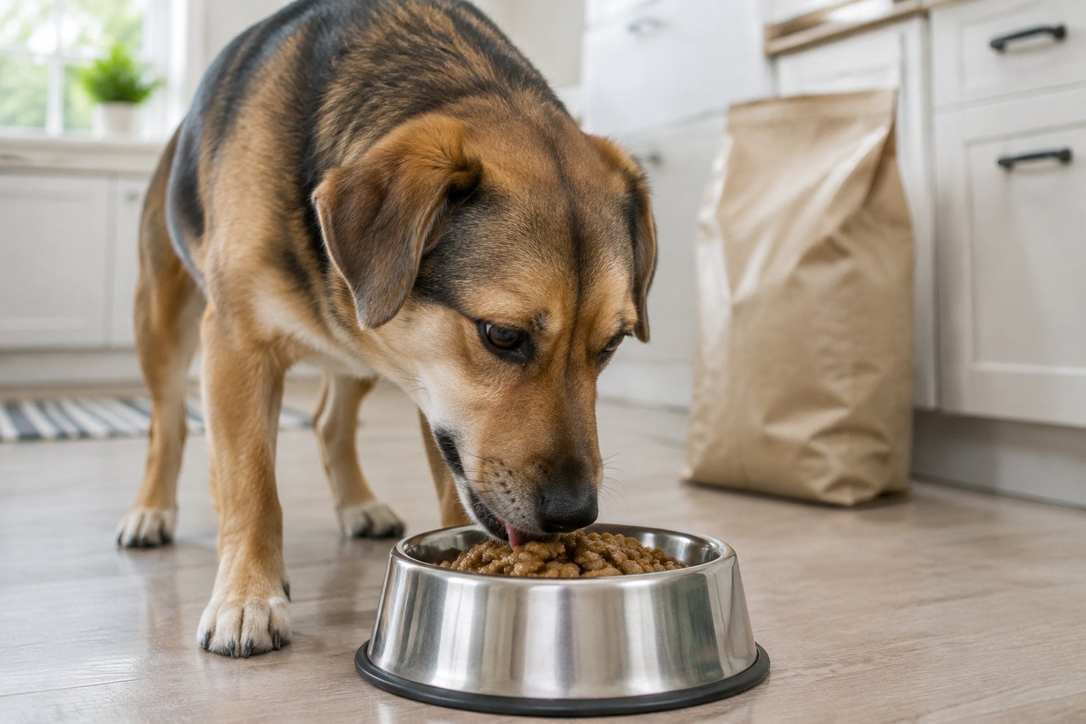 A dog eating gravy-coated kibble from a bowl in a home kitchen.