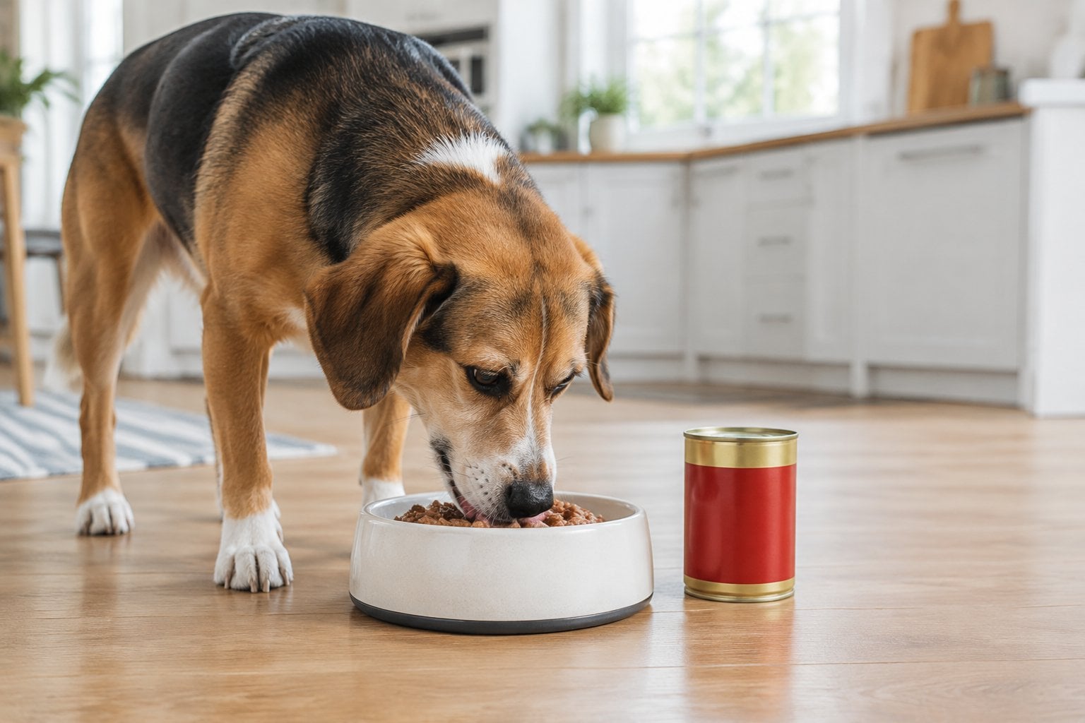 A dog eating beef-flavored food from a bowl beside a red-and-gold can.