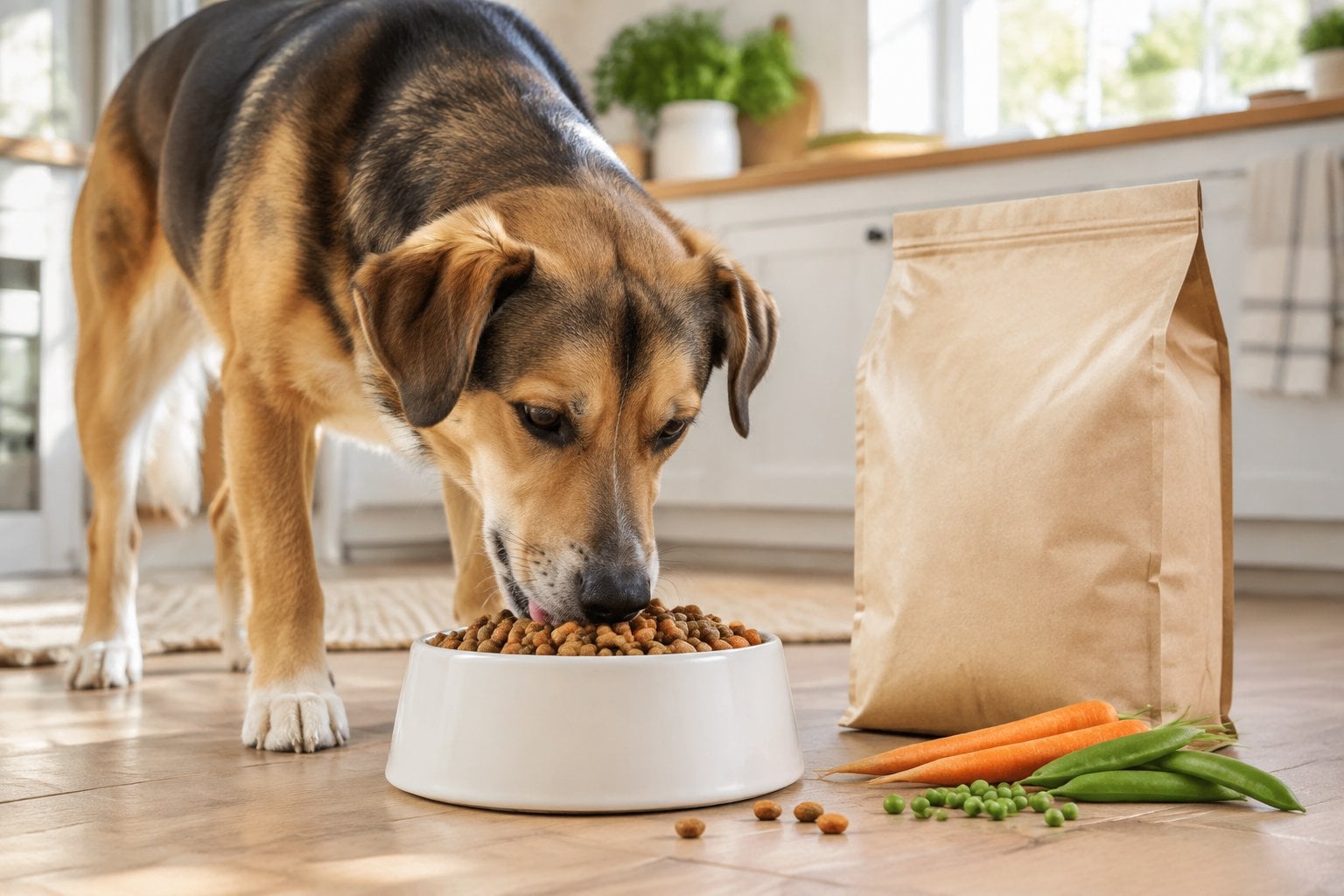 A dog eats kibble from a bowl beside a plain bag of dog food.