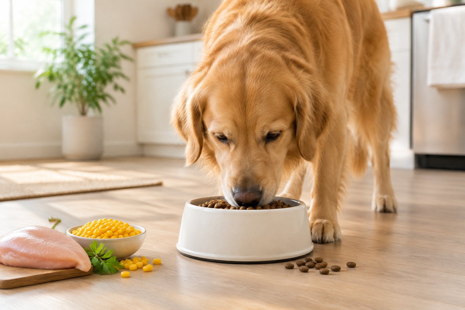 An adult dog eats dry kibble from a bowl beside corn and chicken.