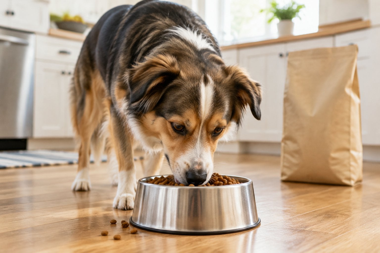 An adult dog eating kibble from a bowl beside a bag of dog food.