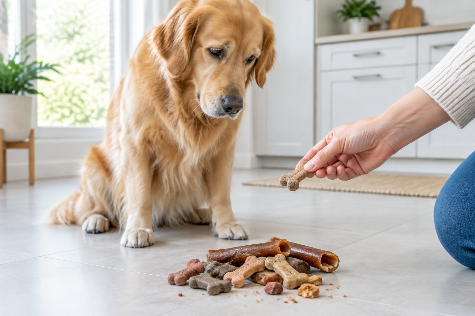 A golden retriever sits beside a small pile of dog treats as a person reaches toward them.