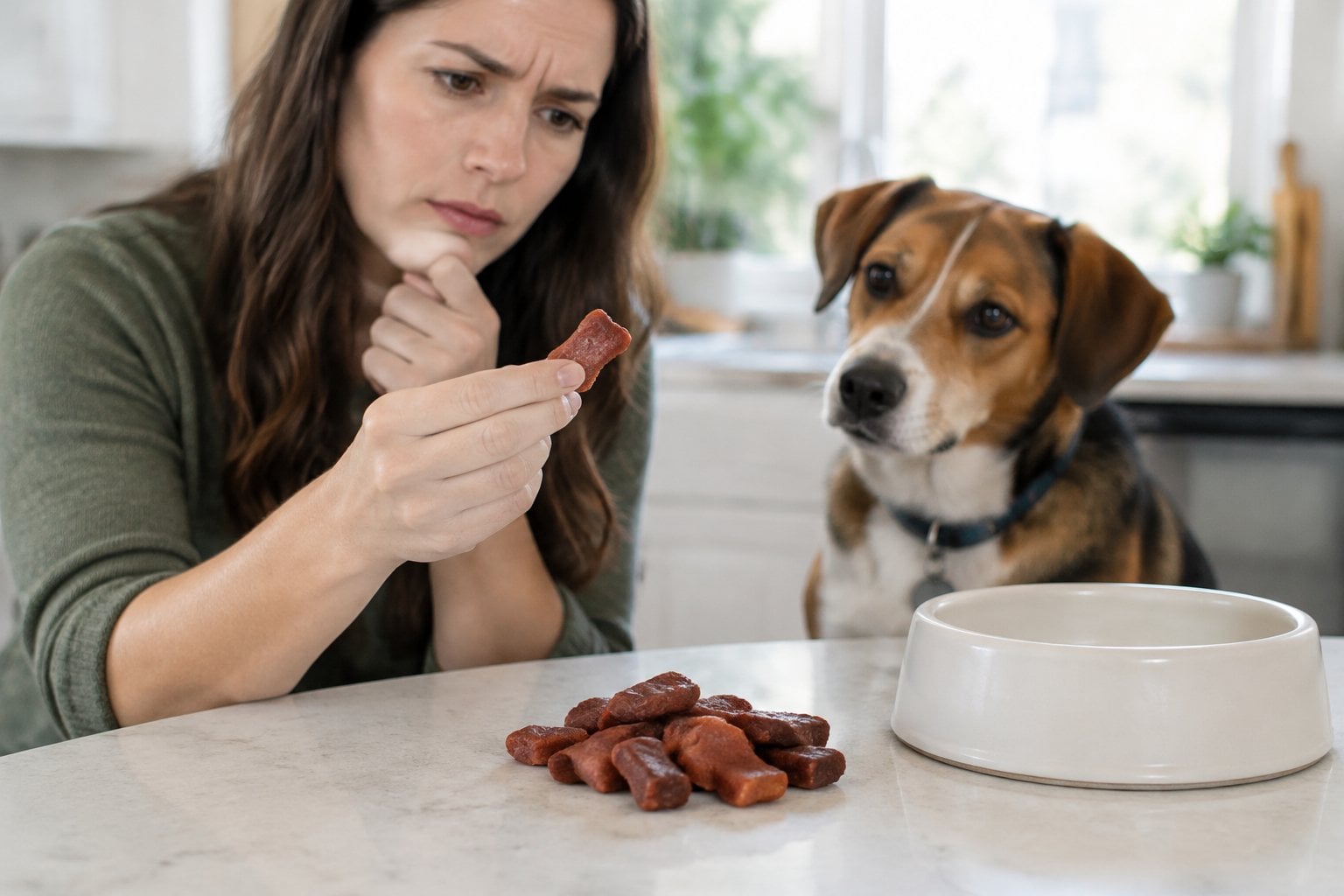 A dog owner examines brown dog treats beside a curious dog.
