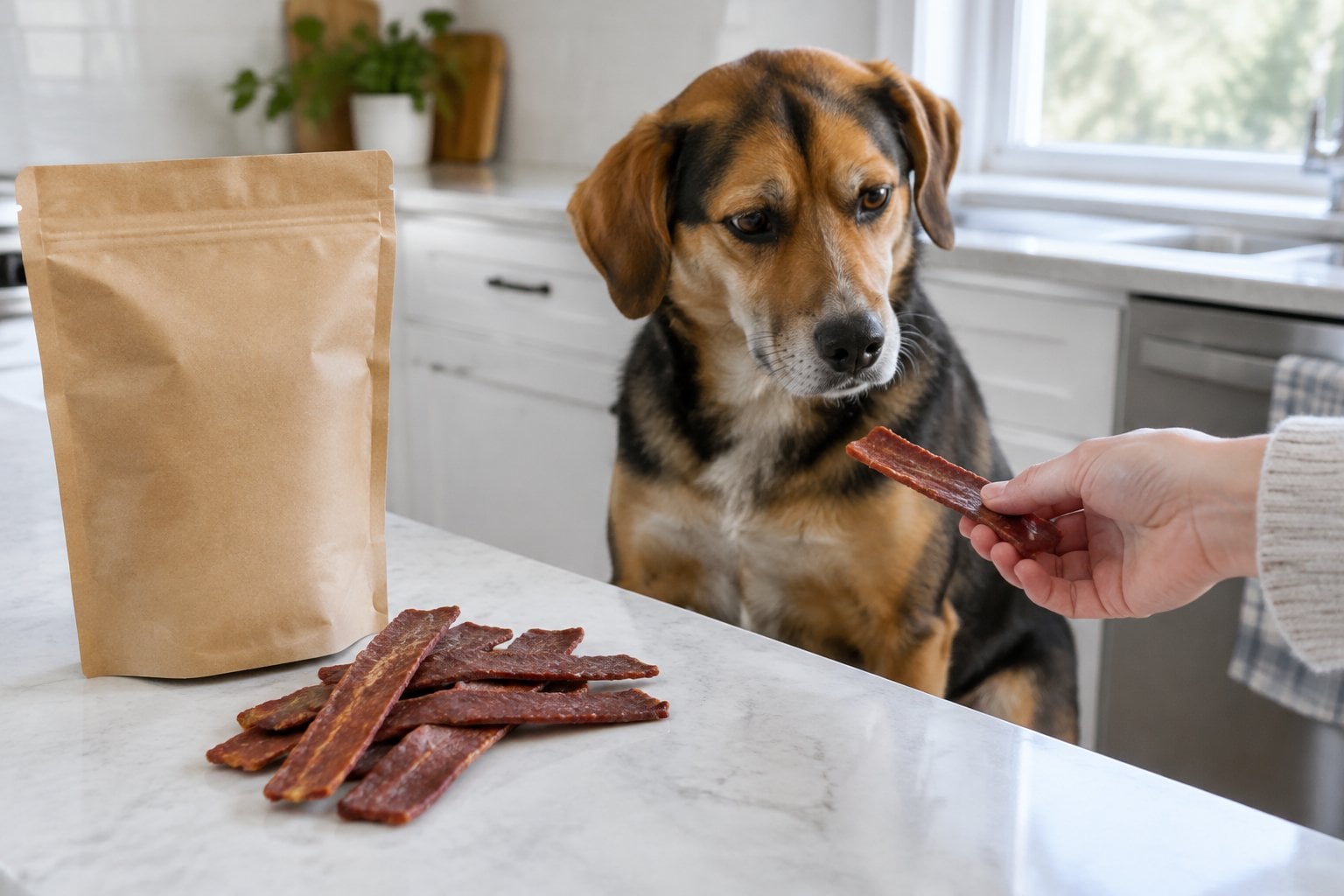 A dog looks hesitantly at snack strips on a kitchen counter.