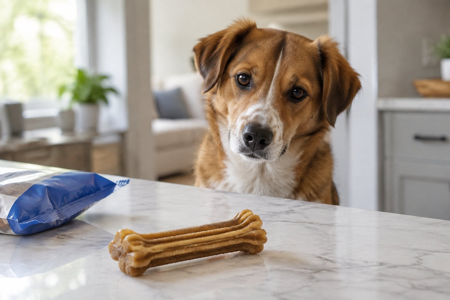 A dog watches a bone-shaped chew on a kitchen counter.