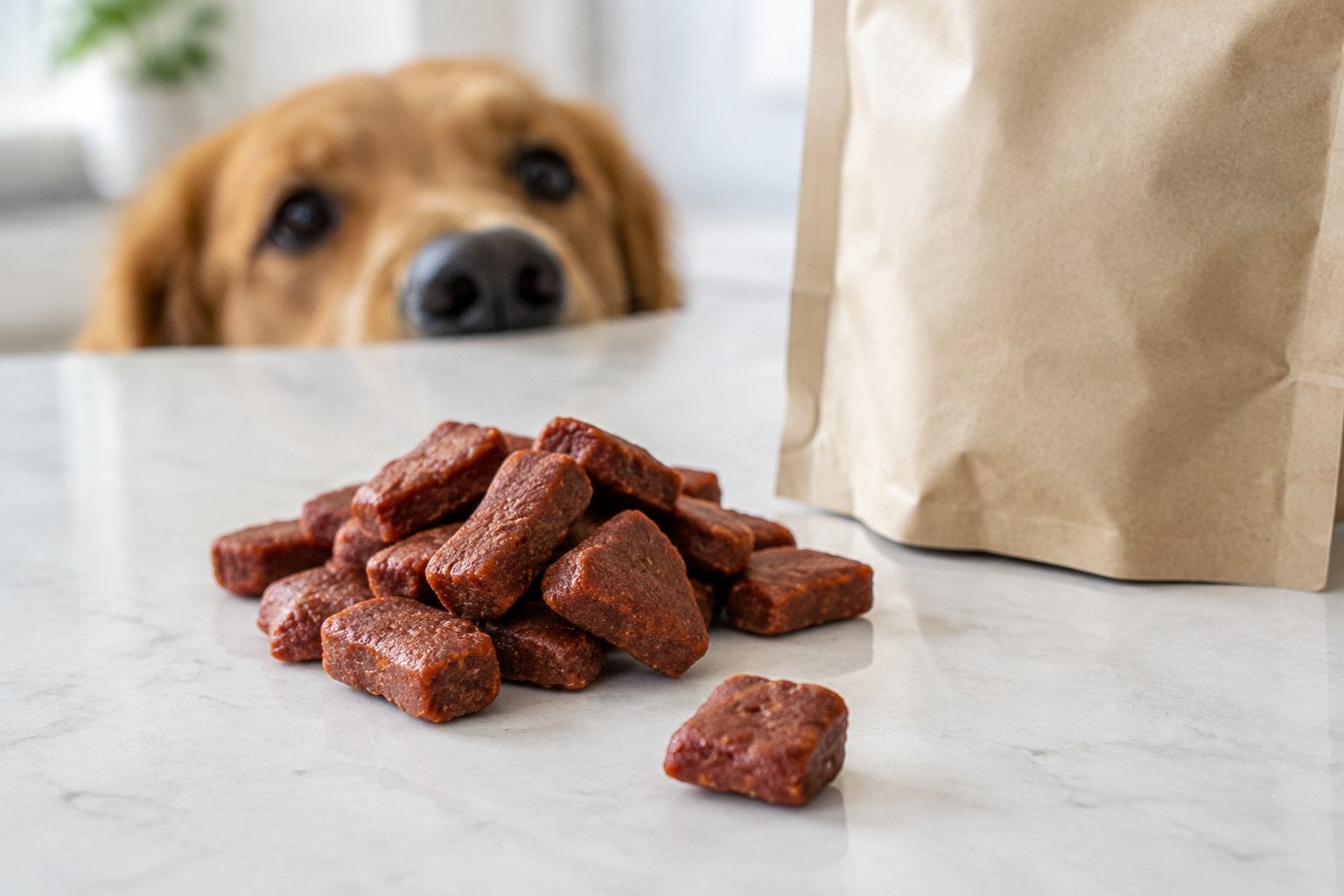 Bacon-flavored dog treats beside a curious dog.