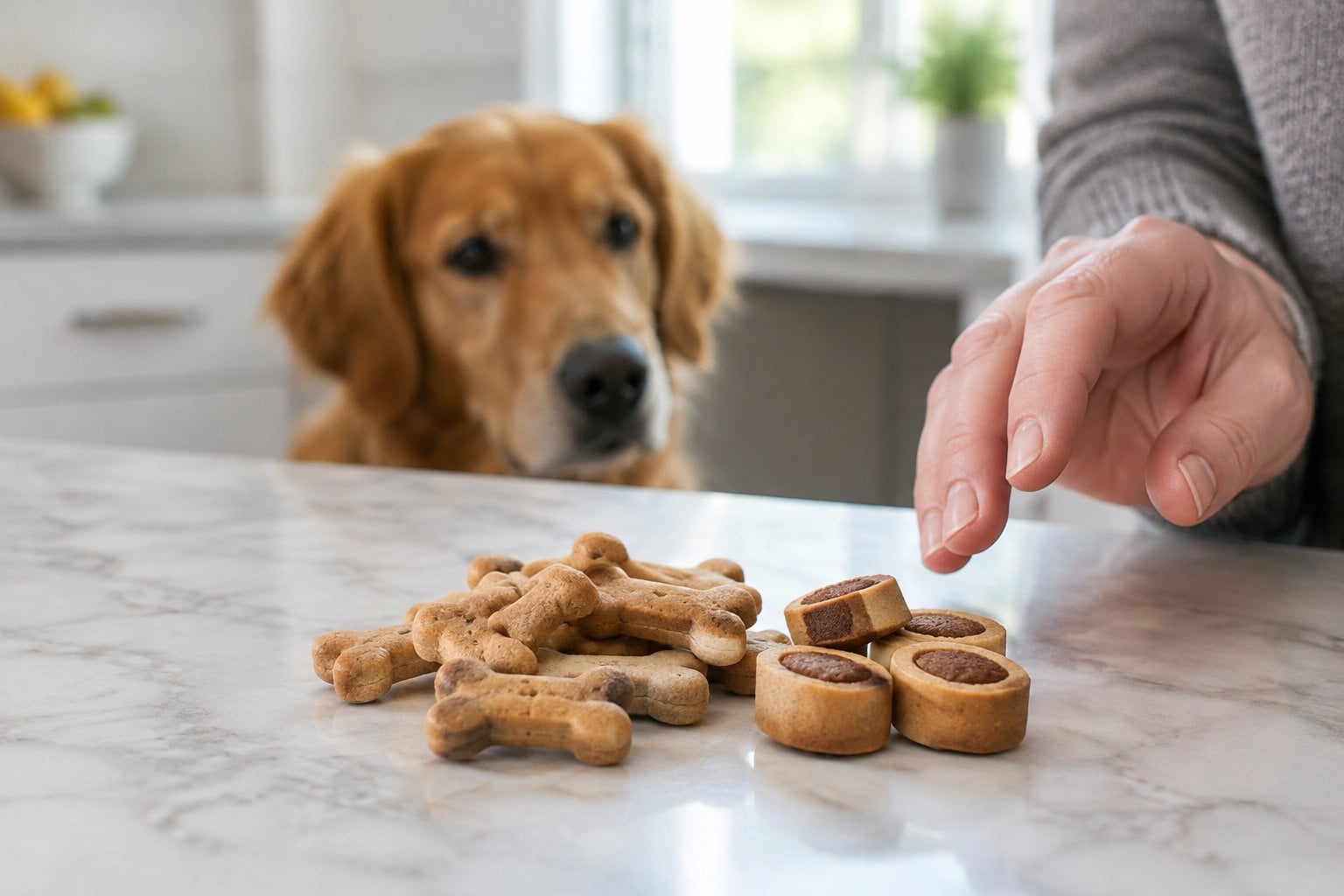Bone-shaped dog biscuits and round treats sit on a counter as a dog looks on.