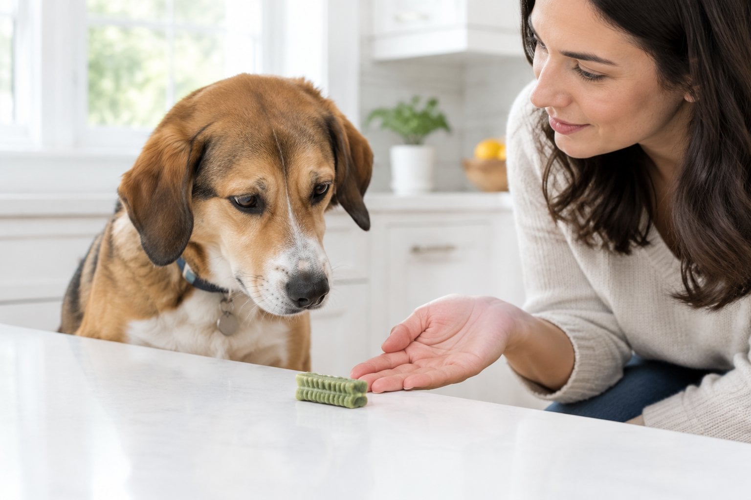 A dog cautiously sniffs a ridged dental chew while its owner watches.