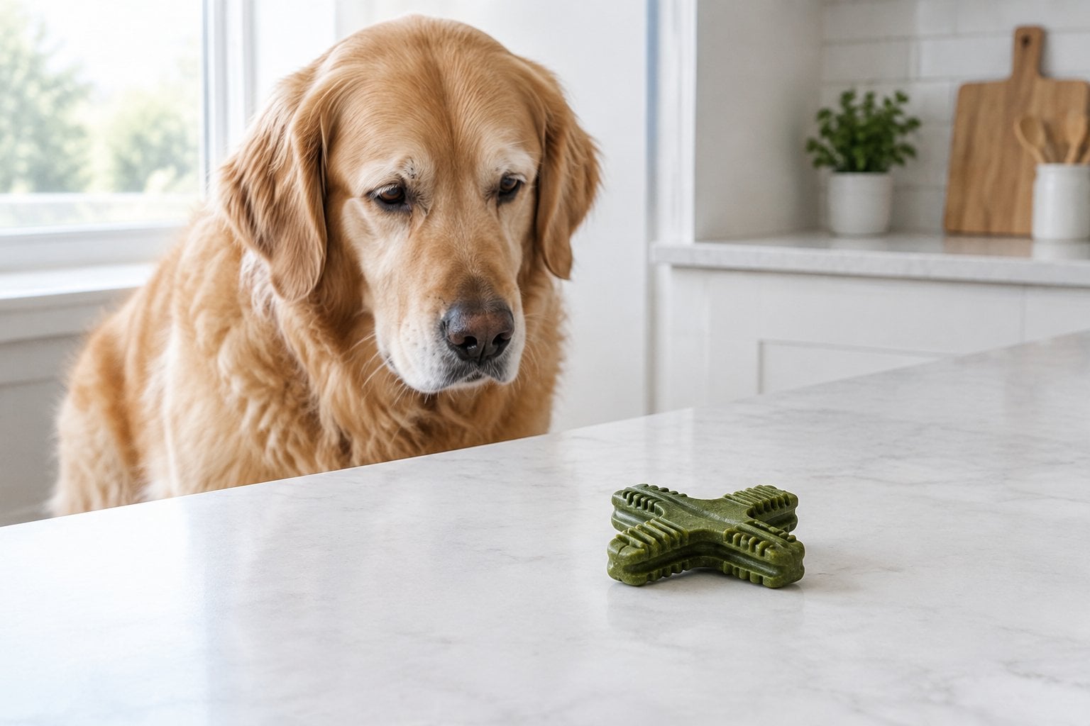 A large dog cautiously looks at a green ridged chew on a kitchen countertop.