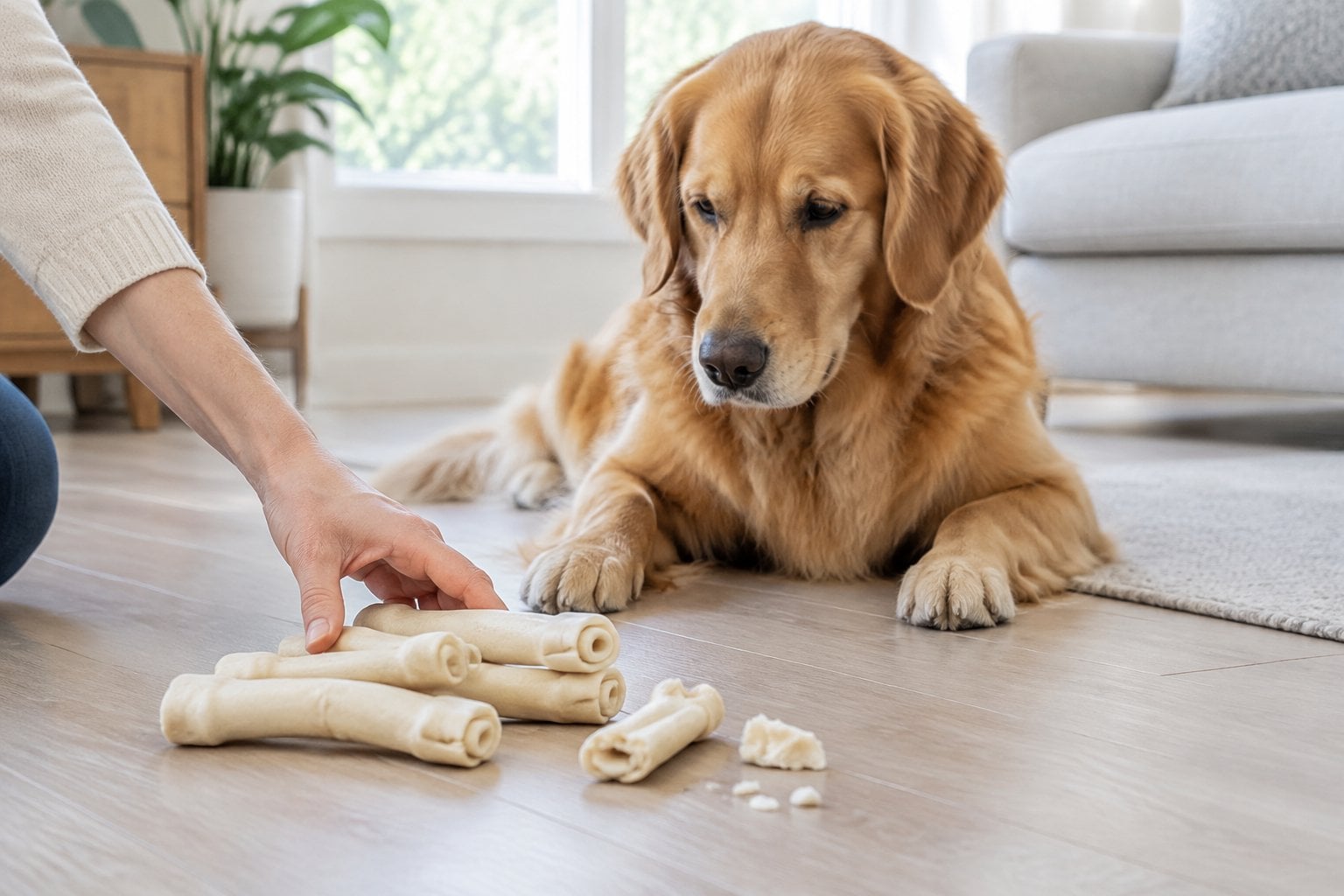 A golden retriever sits beside rawhide chew rolls as an owner moves them away.