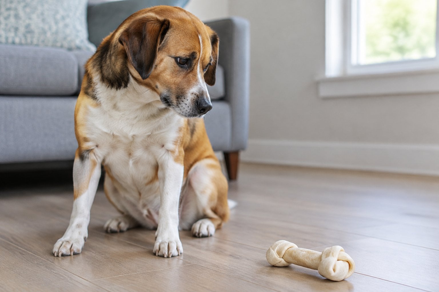 A dog turns away from a knotted rawhide chew on the floor.
