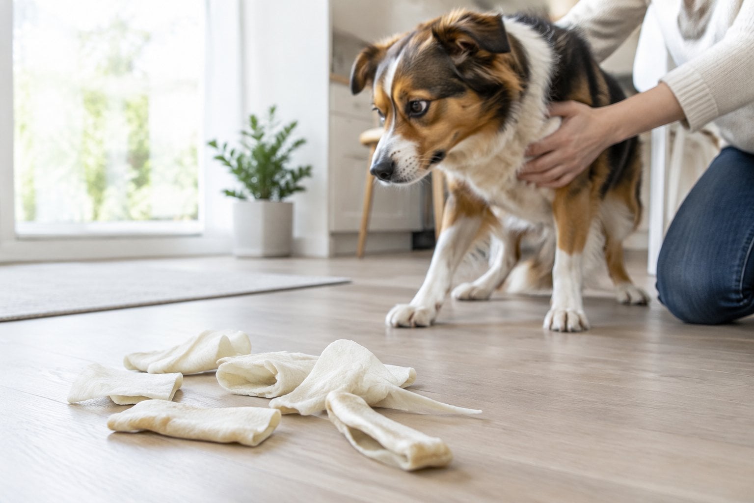A dog turns away from rawhide chips scattered on a kitchen floor as an owner holds it back.