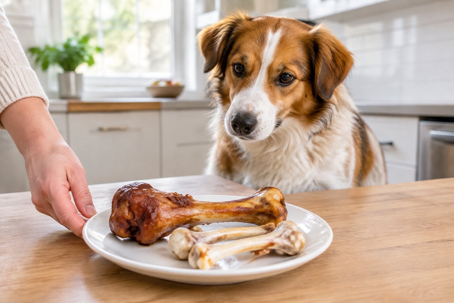 A dog watches as a person keeps a plate of cooked bones out of its reach.