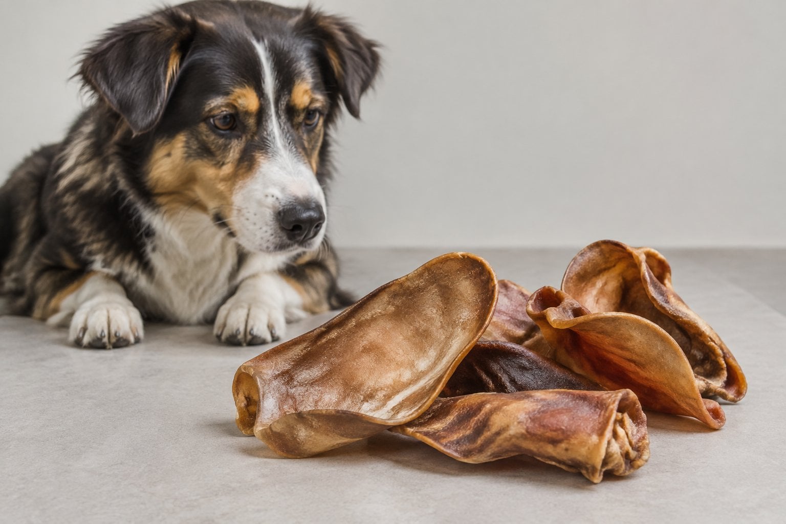 A dog looks at dried pig ear treats arranged on a surface.