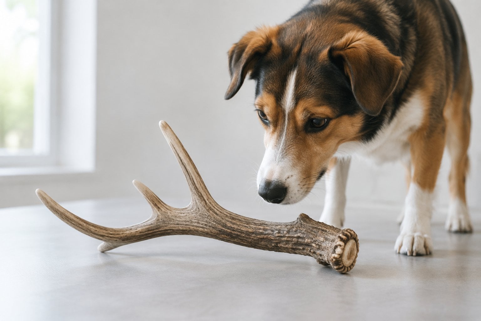 A dog cautiously inspects a deer antler chew on a tabletop.