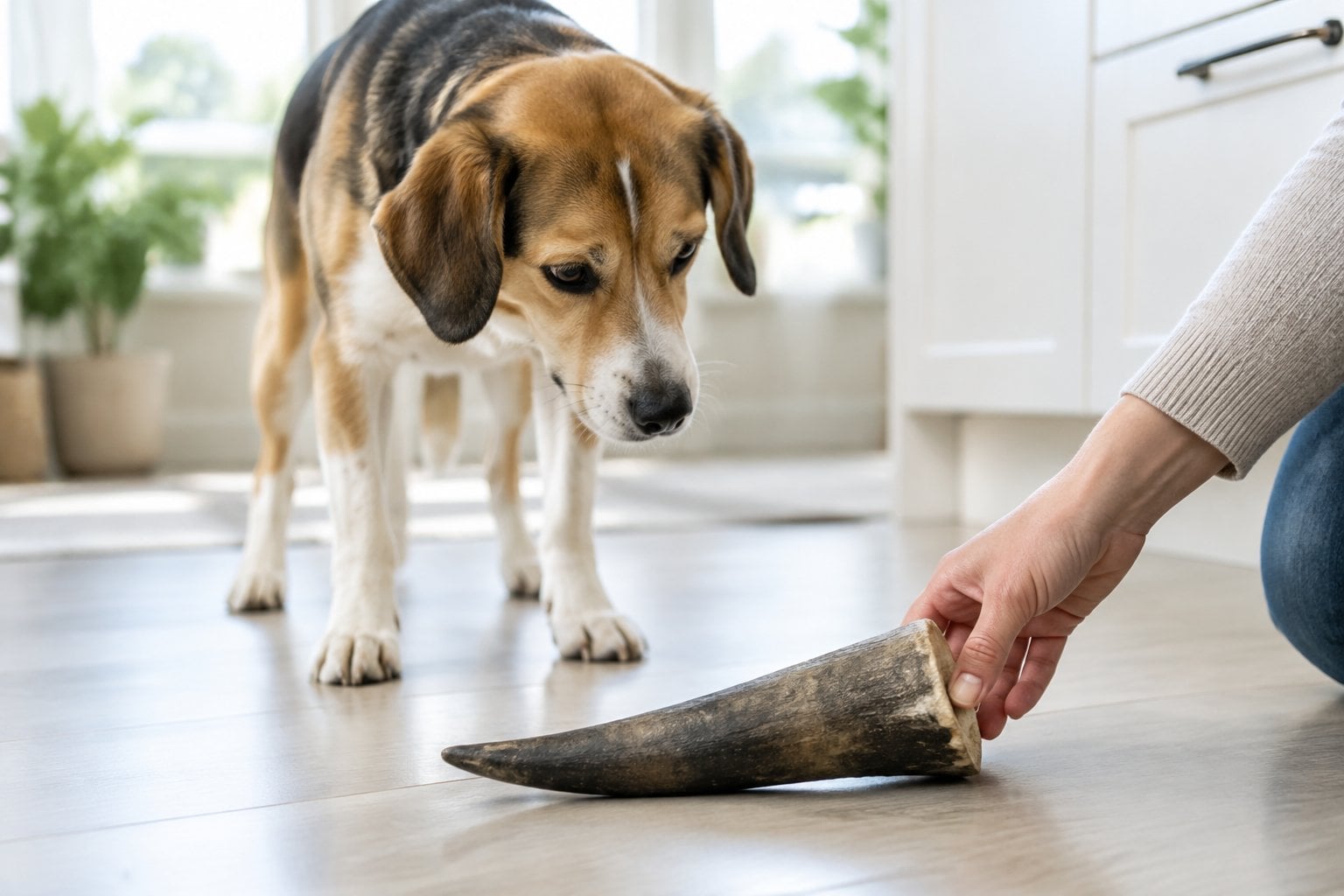 A dog cautiously examines a hard horn chew as an owner reaches to move it away.