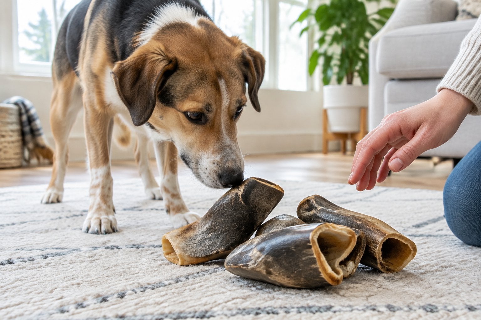 A dog sniffs dried cattle hooves arranged on the floor.